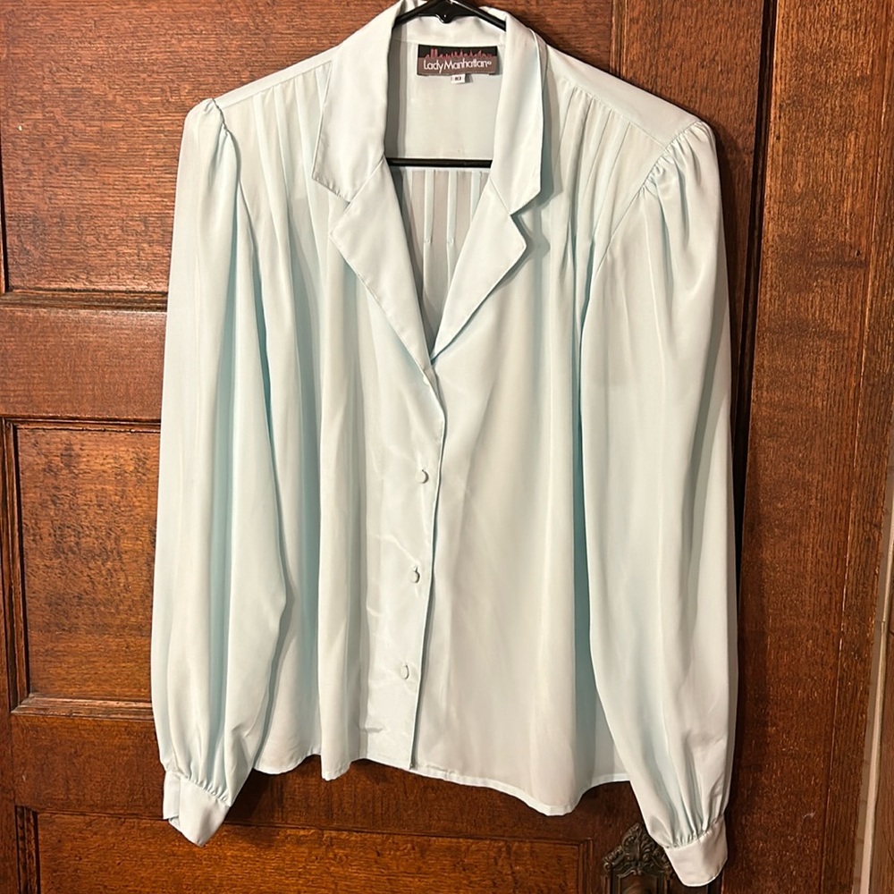 Vintage '70's Lady Manhattan Pleated Button Down Blouse w/Shoulder Pads Sz 10